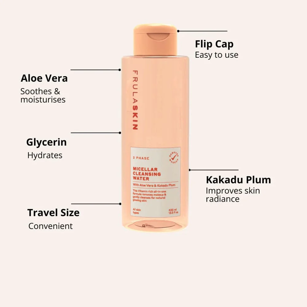 Frula Skin Micellar Cleansing Water 3 Phase With Aloe Vera & Kakadu Plum 400ml - Image 2