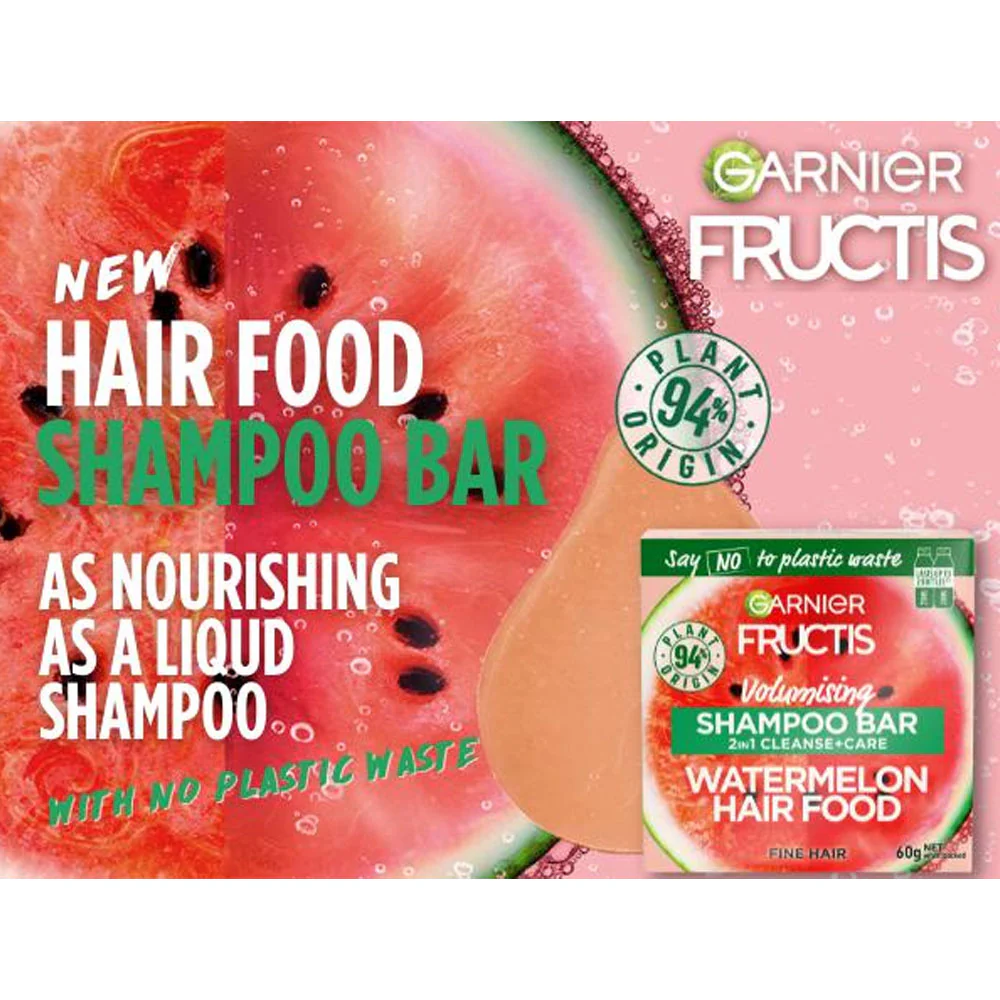 Garnier Fructis Shampoo Bar Volumising 2-In-1 Cleanse Care Watermelon Hair Food 60g - Image 2