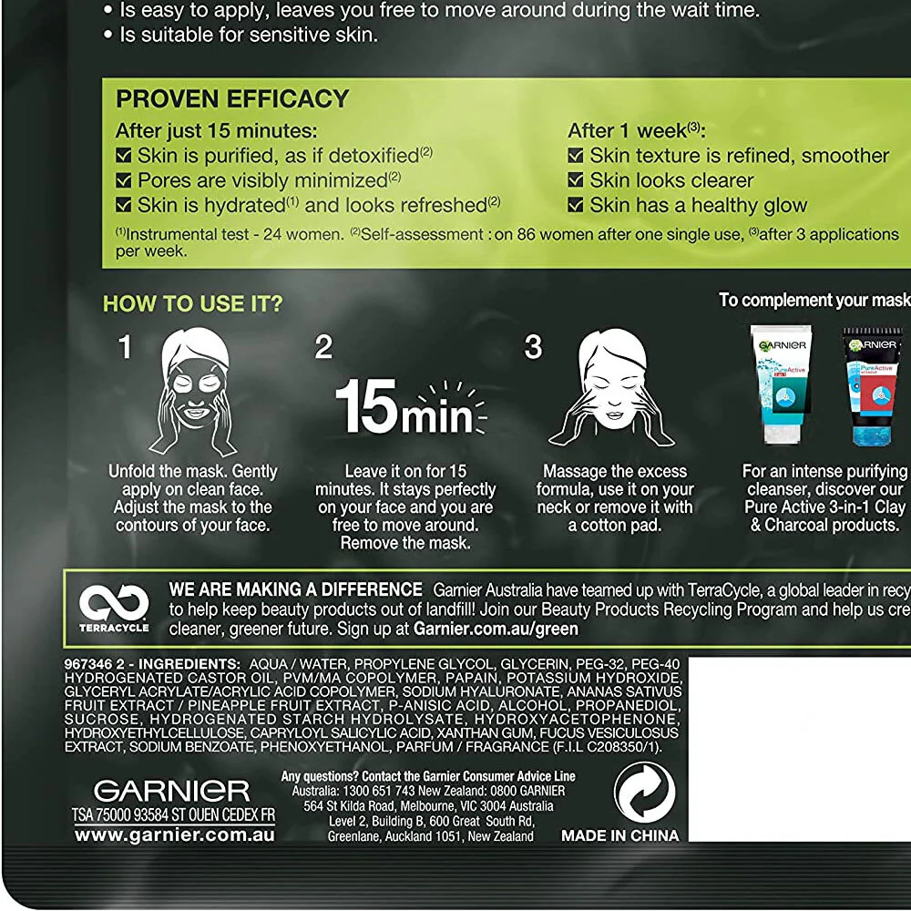 Garnier Pure Charcoal Hyaluronic Acid + Black Algae Sheet Mask 28g - Image 2