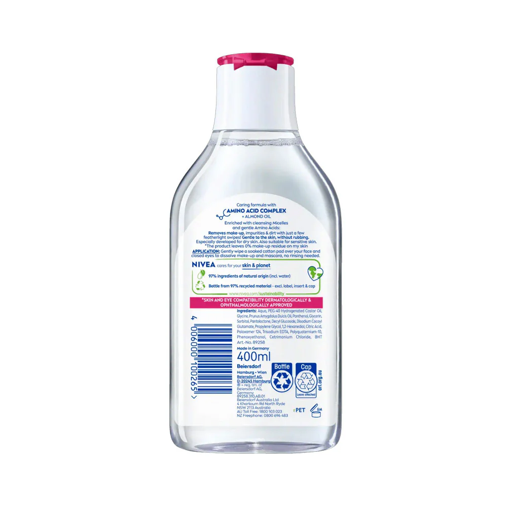 Nivea Micellar Water Caring Face Eyes Lips Amino Acid Complex Almond Oil For Dry Skin 400ml - Image 2