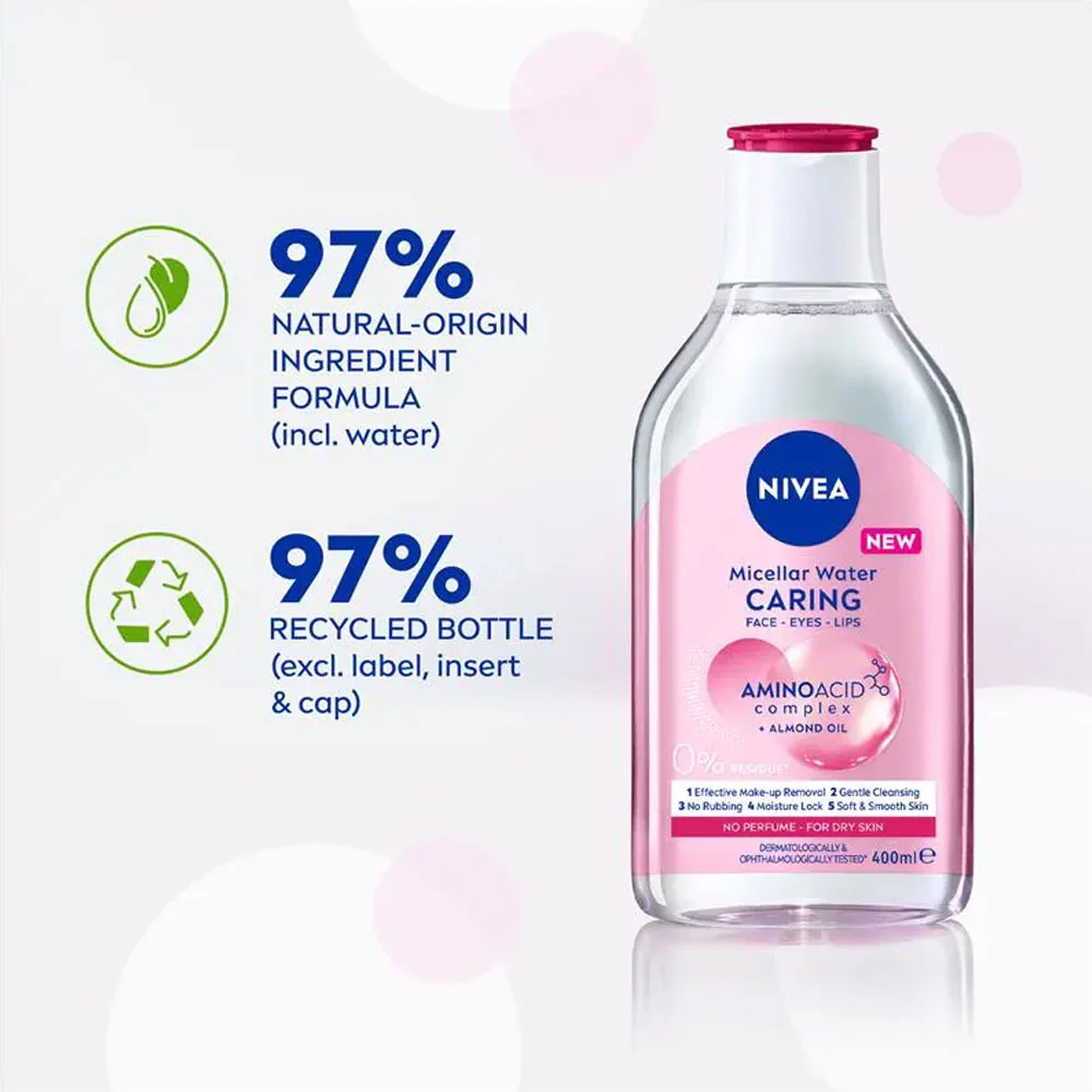Nivea Micellar Water Caring Face Eyes Lips Amino Acid Complex Almond Oil For Dry Skin 400ml - Image 3