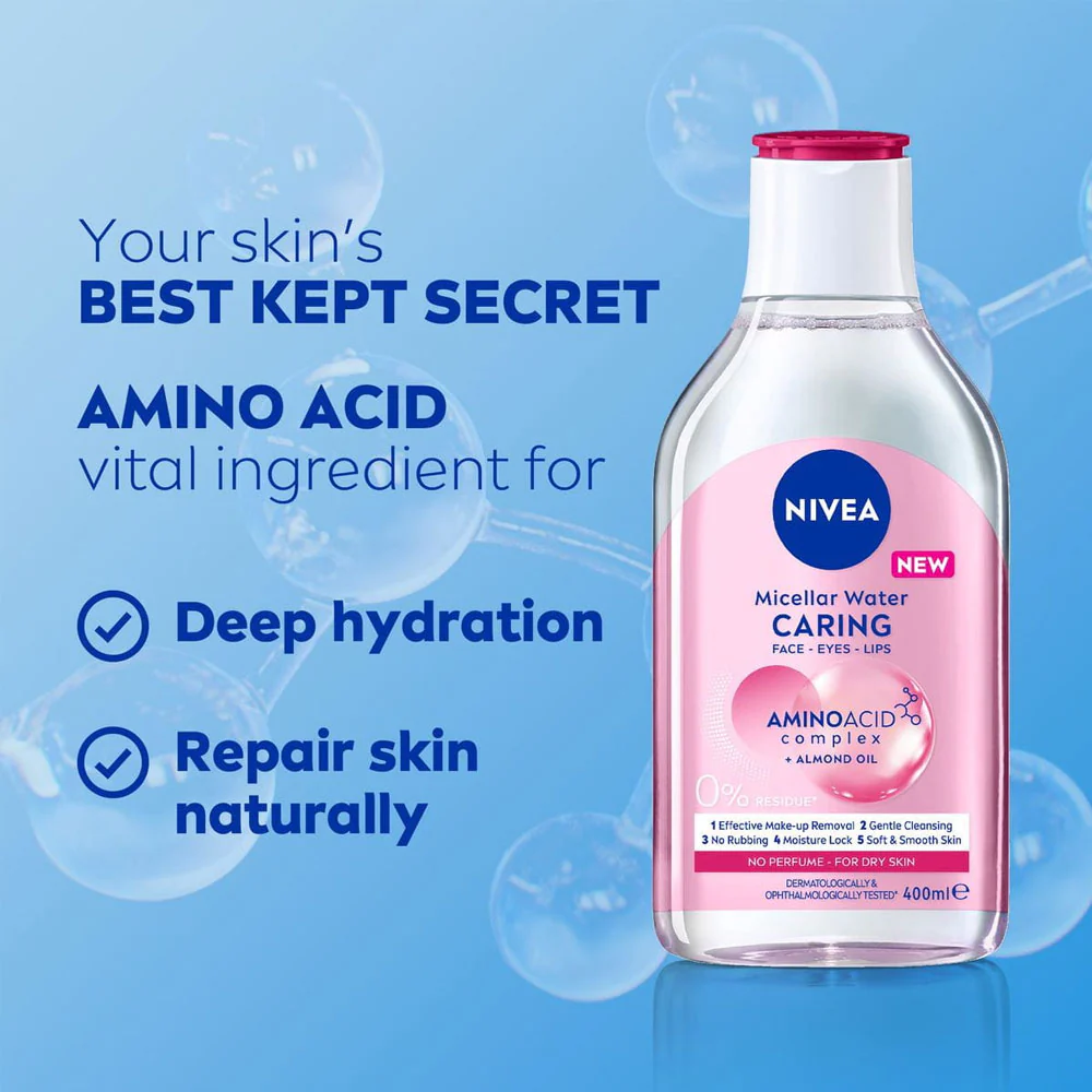 Nivea Micellar Water Caring Face Eyes Lips Amino Acid Complex Almond Oil For Dry Skin 400ml - Image 4