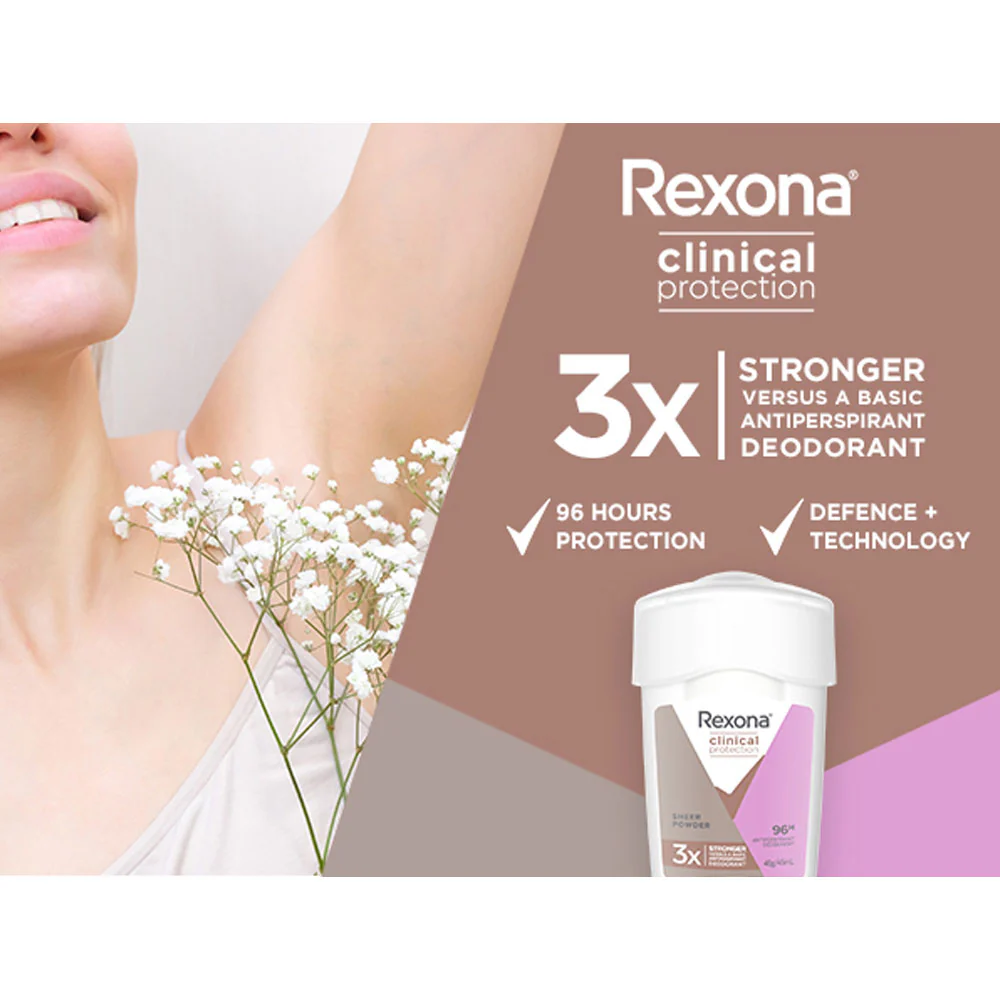 Rexona Antiperspirant Deodorant Clinical Protection Cream 96H 3X Stronger Sheer Powder 45ml - Image 5
